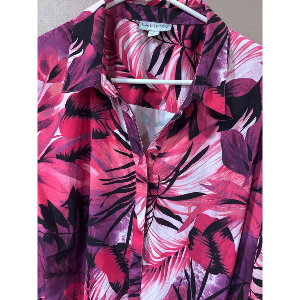 Catherines Womens 2X Tropical Palm Leaf Button Front Blouse Pink Purple Black - Picture 3 of 5
